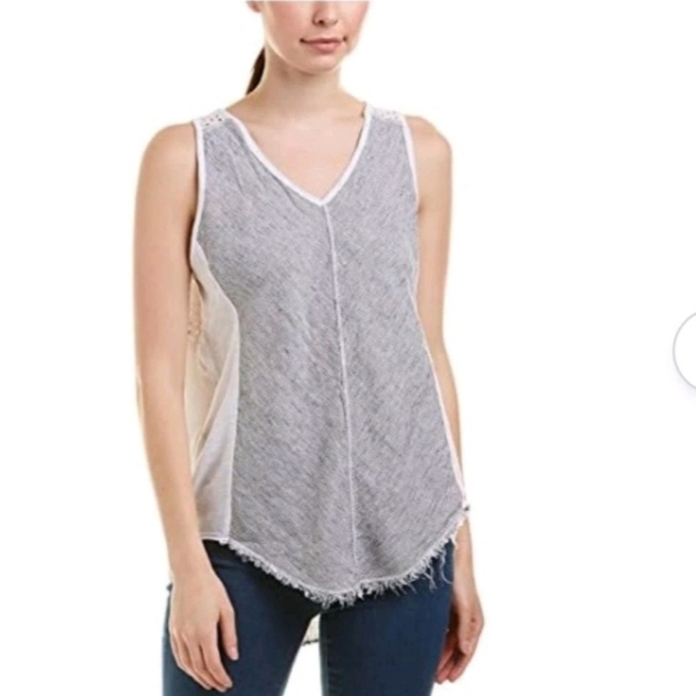 XCVI White 100% Linen V-Neck Sleeveless Tank Blue White Pinstriped, Size Medium